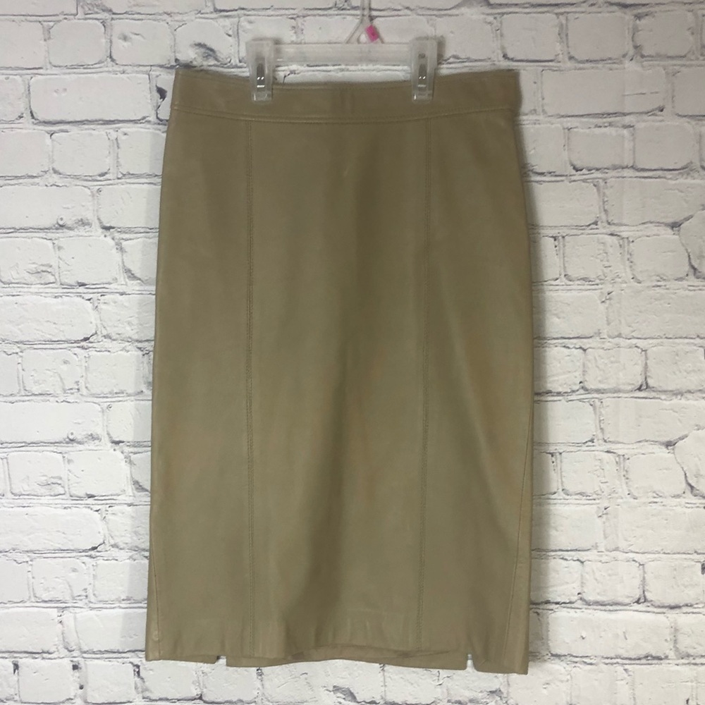 Theory leather pencil skirt tan.